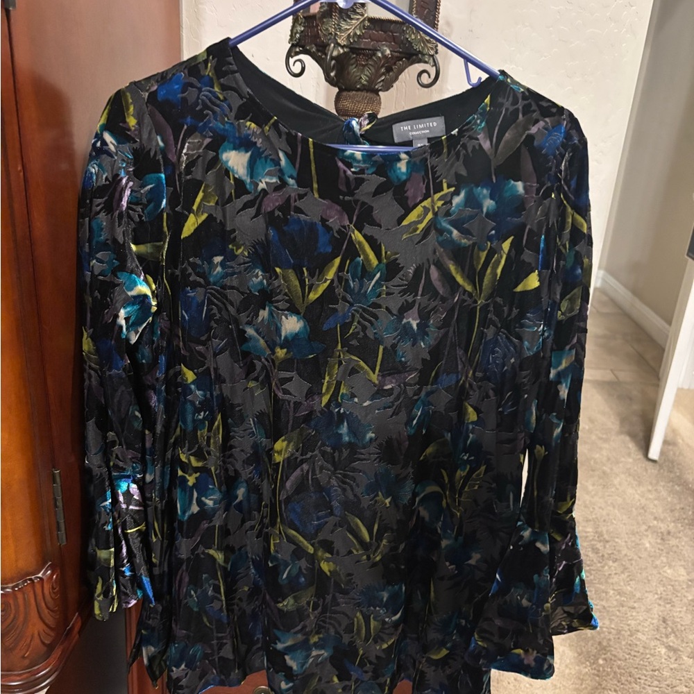 The Limited Black Floral Velvet Burnout Blouse with Blue & Green Accents